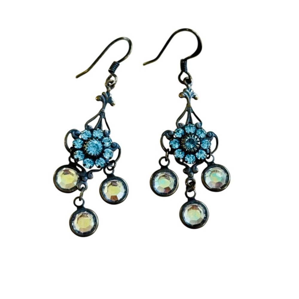 VTG Flower dangle Earrings Regency style Blue Aurora Borealis Crystal Hook Regal